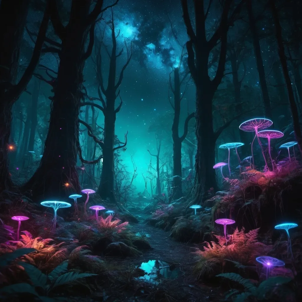 Prompt: a dark and ambient magical forest. focuses on neon colors. has bioluminescent glowing plants. has a galaxy sky in background