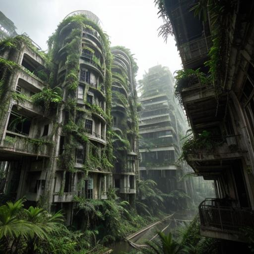Prompt: an abandoned futuristic city inside of a jungle. the city is overgrown