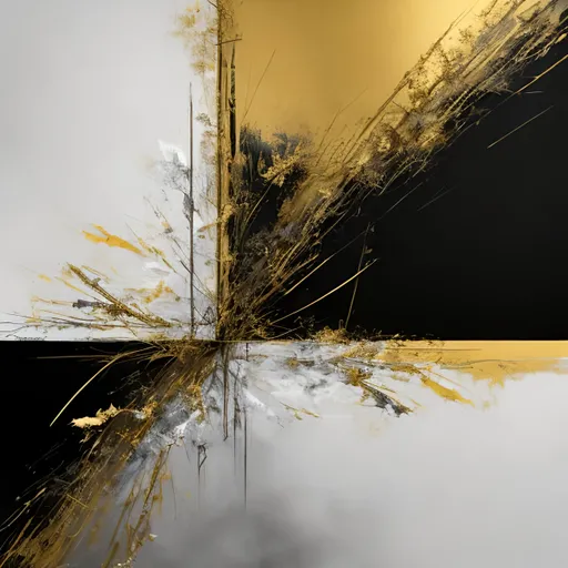 Prompt: Fine abstract art using gold, white, black and gray 