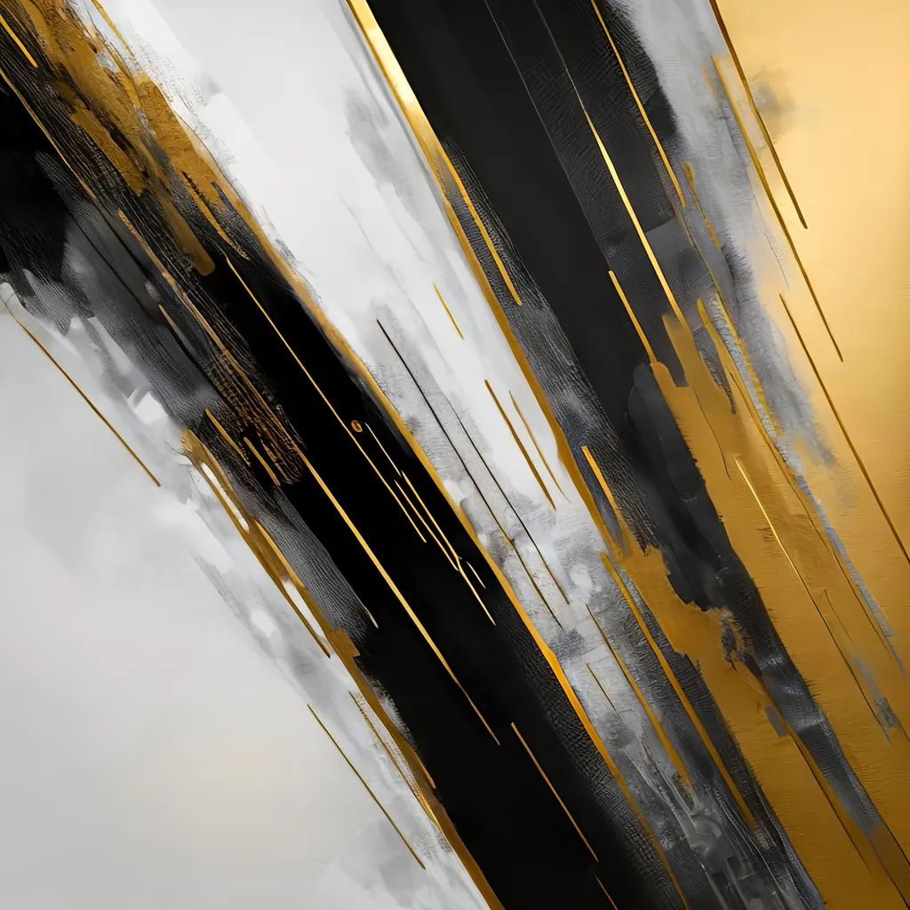 Prompt: Fine abstract art using gold, white, black and gray 