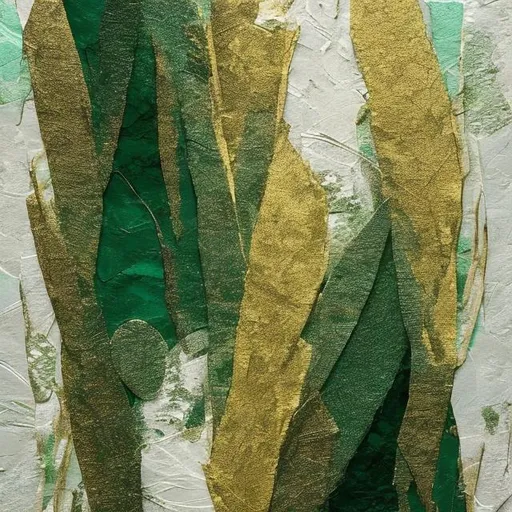 Prompt: Textured art using emerald green and gold and white 