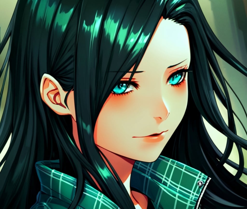 Prompt: Anime illustration of a girl, long jet-black hair, detailed turquoise green eyes, flannel jacket, detailed, highres, anime, detailed eyes, sleek design, professional, turquoise green eyes, jet-black hair, flannel jacket