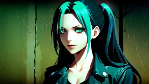 Prompt: 2d dark j horror anime style, 19-year-old girl with long jet-black hair and turquoise green eyes, wearing a leather jacket over a black shirt, reminiscent of Supernatural series, detailed hair and eyes, vintage anime screencap, nostalgic color tones, atmospheric lighting, high-quality, anime, 1990s, turquoise green eyes, long jet-black hair, flannel jacket, black shirt, deathly hallows symbol for a necklace, detailed eyes, detailed hair anime scene