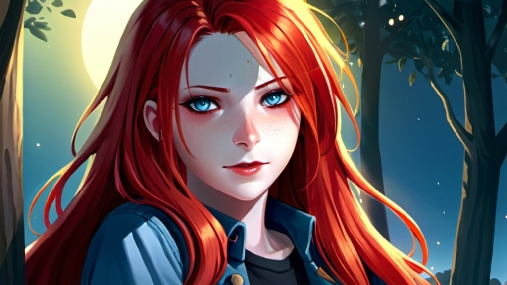 Prompt: Detailed anime illustration of a country girl with long ruby red hair, pale skin and sapphire blue eyes,freckles across nose, wearing blue tshirt, denim jeans, and western mid-calf boots, soft smile,  highres, detailed, traditional art style, cool tones, natural lighting, Kentucky setting at night, detailed hair, detailed eyes, traditional clothing, cozy atmosphere, professional