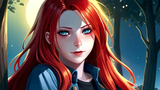 Prompt: Detailed anime illustration of a country girl with long ruby red hair, pale skin and sapphire blue eyes,freckles across nose, wearing blue tshirt, denim jeans, and western mid-calf boots, soft smile,  highres, detailed, traditional art style, cool tones, natural lighting, Kentucky setting at night, detailed hair, detailed eyes, traditional clothing, cozy atmosphere, professional