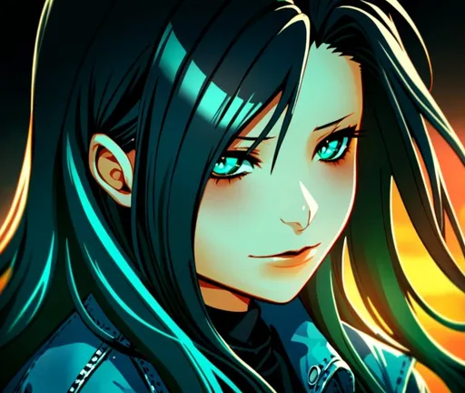 Prompt: anime, girl with long jet-black hair and turquoise green eyes, wearing a denim jacket over a black shirt, reminiscent of Inuyasha, detailed hair and eyes, atmospheric lighting, high-quality, anime,  turquoise green eyes, long jet-black hair, flannel jacket, black hellfire shirt, detailed eyes, detailed hair, nostalgic, atmospheric lighting, vintage style