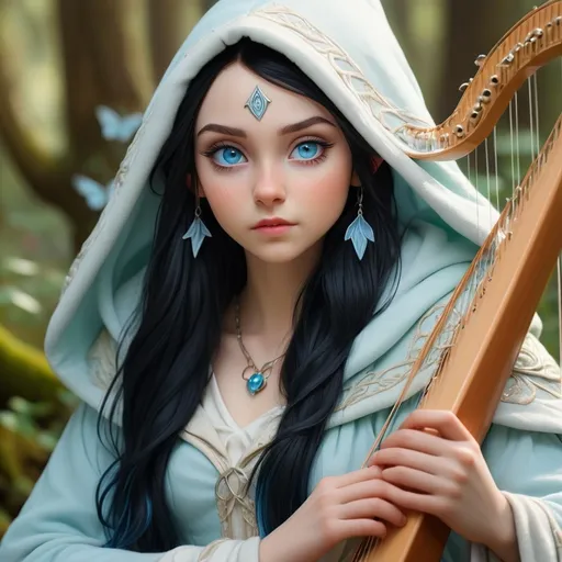 Prompt: Dreamy pastel portrait of an elf princess (sweet 16-year-old girl), long black hair with blue strands in a layered emo-scene hairstyle, waist-length hair, baby-blue eyes, pale skin, winged eyeliner, wearing a white hooded cloak and elven circlet (lord of the rings), playing the harp, soft pastel tones, ethereal and whimsical atmosphere, glowing light effect, fairy-tale forest background, delicate and intricate details, ultra-detailed, high resolution, 4K.