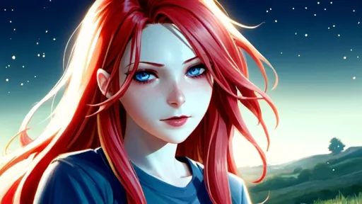 Prompt: Detailed anime illustration of a country girl with long ruby red hair, pale skin and sapphire blue eyes,freckles across nose, wearing blue tshirt, denim jeans, and western mid-calf boots, soft smile,  highres, detailed, traditional art style, cool tones, natural lighting, Kentucky setting at night, detailed hair, detailed eyes, traditional clothing, cozy atmosphere, professional