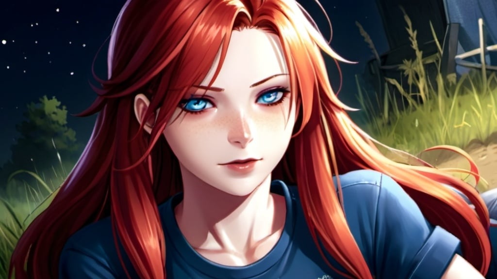 Prompt: Detailed anime illustration of a country girl with long ruby red hair, pale skin and sapphire blue eyes,freckles across nose, wearing blue tshirt, denim jeans, and western mid-calf boots, soft smile,  highres, detailed, traditional art style, cool tones, natural lighting, Kentucky setting at night, detailed hair, detailed eyes, traditional clothing, cozy atmosphere, professional