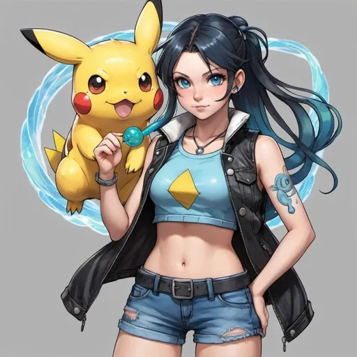 Prompt: detailed anime illustration of a 17-year-old Pokemon trainer girl, with long raven-black hair waist-length in a french braid with a blue streak and layered bangs, ocean blue eyes, pale skin, and freckles across her nose, wearing a black leather jacket tank crop top, denim  shorts, combat boots, jade necklace, with a Pikachu and Vulpix,  with a lollipop tattoo, with a soft smile Pokemon trainer detailed anime, fantasy, pastel colors, ethereal lighting,