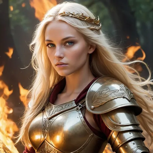 Prompt: Aelin Galathynuis - A warrior queen of a fantasy land. She particularly beautiful, with long light blonde hair that shines in the sunlight. Her eyes are bright turquoise eyes with golden rings around the pupils. She is toned and lithe but has curves. She is brave, courageous, loyal to her people and has a control over fire. She is wearing an armor of gold. She is surrounded by fire.  She has a sword that is a large, golden-hilted sword with a ruby the size of a chicken egg set into the hilt. It has spectral flames flickering around it.