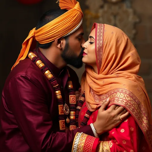 Prompt: Hindu man kissing a married muslim women