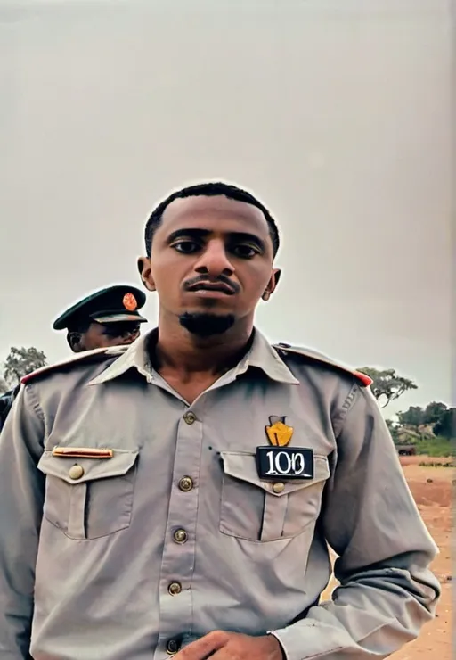 Prompt: a man in a uniform is holding a cell phone in his hand and looking at the camera with a serious look on his face, Afewerk Tekle, hurufiyya, profile picture, a character portrait