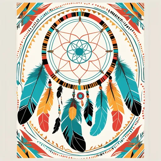 Prompt: Design an 8.5x11 cover for a dream journal with a Native American theme. Incorporate vibrant, happy colors such as turquoise, coral, and golden yellow. Feature elements like dreamcatchers, feathers, and geometric patterns that reflect Native art and spirituality. The overall feel should be uplifting, mystical, and serene, with a balanced blend of nature and cultural symbolism