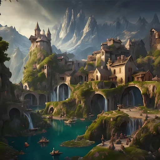 Prompt: a painting of a beautiful landscape with a medival building, waterfall and a lake surrounded by mountains and birds flying over the water, fantasy art, matte fantasy painting, a detailed matte painting hyperrealistic