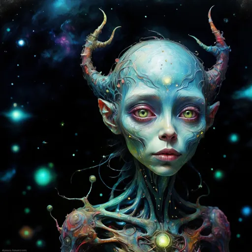Prompt: Anthropomorphic cute monster Luminous alien girl, Details And Colors, The Universe Over Various Stars And Galaxies, Psychedelic , By Alexander Jansson Van Gogh. Pop Surrealism , 8k, Whimsical, Intricate. By Jean Baptiste Monge, Carne Griffiths, Ray Caesar, Dariusz Klimczak, surreal hallucinatory intricately detailed sharp focus