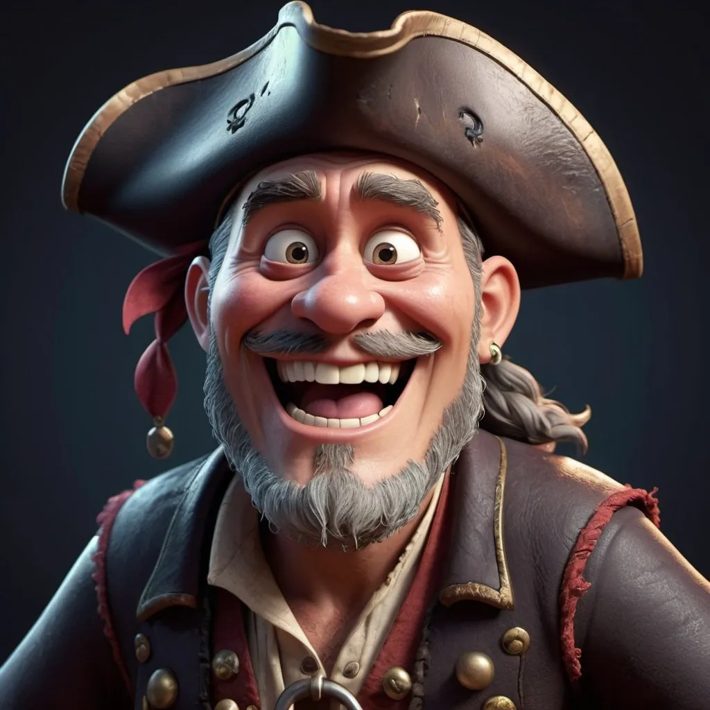 Prompt: Disney pixar character, 3d render style, old pirate evil laugh, cinematic colors