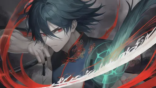 Prompt: furious boy, long dark blue-green Chinese-style hair, Chinese clothing sleeveless, intense red eyes, linked with spider lily flower, holding a bloody red sword, highres, ultra-detailed, anime, intense gaze, Chinese theme, dark tones, dramatic lighting