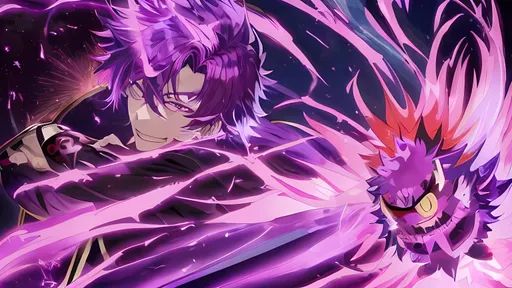 Prompt: Anime illustration of a purple-haired guy, insane laughter, captain dark uniform, multiverse zone, detailed flaming eye, he is covering his falming eye , vibrant colors, highres, ultra-detailed, anime, fantasy, multiverse, insane laughter, flaming horn, purple hair, vibrant colors, detailed eyes, captain dark uniform, atmospheric lighting