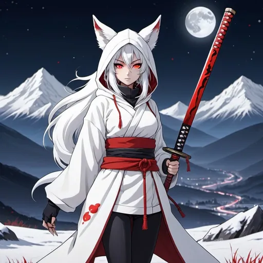 Prompt: an anime illustrated female character, with white and red kitsune ears and tail, wearing a white hoodie and holding a katana with red symbols on it, with white hair and red eyes, in a snowy field with massive mountains around it, during the night with the moon rising behind the mountains