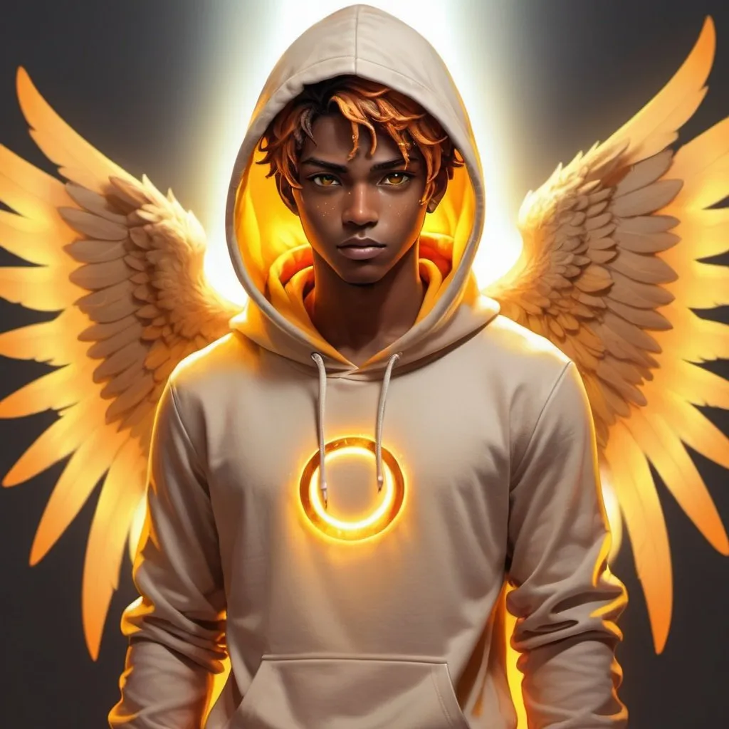 Prompt: Fantasy illustration of a male anime character, small orange glowing halo, yellow and white wings, brown skin with freckles, yellow to orange eyes, wearing a hoodie and pants high quality, fantasy, glowing effects, detailed wings, ethereal lighting