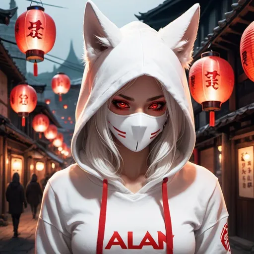 Prompt: a fantasy illustrated female character with white long hair, and red eyes, along with white & red kitsune ears, wearing a white hoodie with a white mask saying 'Alan Walker' on the mask, in a town with nice lighting and lanterns