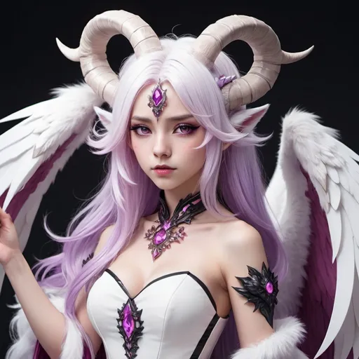 Prompt: a fantasy illustrated female anime character with white & purple hair, deep pink, crystal-like wings, white fox ears, and a white to purple set of massive goat horns, wearing a white and black gown