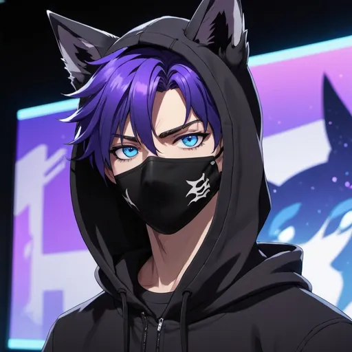 Prompt: an anime illustrated male character with black and purple-ish blue hair, deep blue eyes, with black and purple wolf ears, wearing a black hoodie, and a black mask, infront of a massive holographic screen