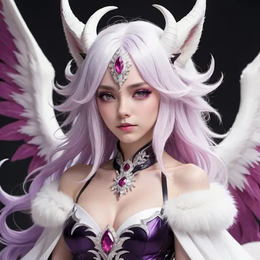 Prompt: a fantasy illustrated female anime character with white & purple hair, deep pink, crystal-like wings, white fox ears, and a white to purple set of massive goat horns, wearing a white and black gown