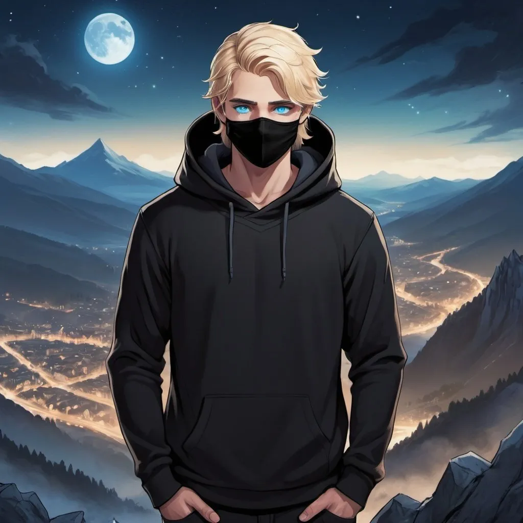 Prompt: a fantasy illustrated male character with blonde hair and blue eyes, with a black hoodie, wearing a mask, on a mountain with a town in the background, with the sky being a night sky