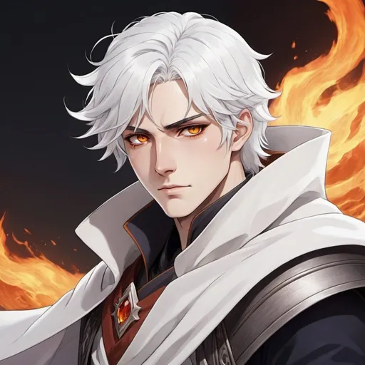 Prompt: a male anime & fantasy illustrated character with ember eyes, white hair, with a white cape