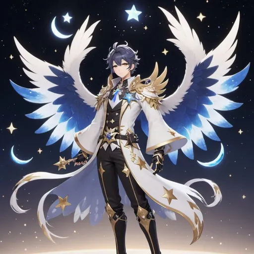 Prompt: Male Tartaglia/Childe from Genshin Impact with wings with white and blue stars and moons on the wings