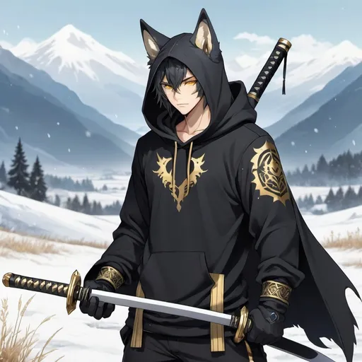 Prompt: a male fantasy anime illustrated character, with black & blue wolf ears, golden eyes, wearing a black hoodie, holding a black Katana with gold colored symbols on it, in a snowy field with mountains behind them