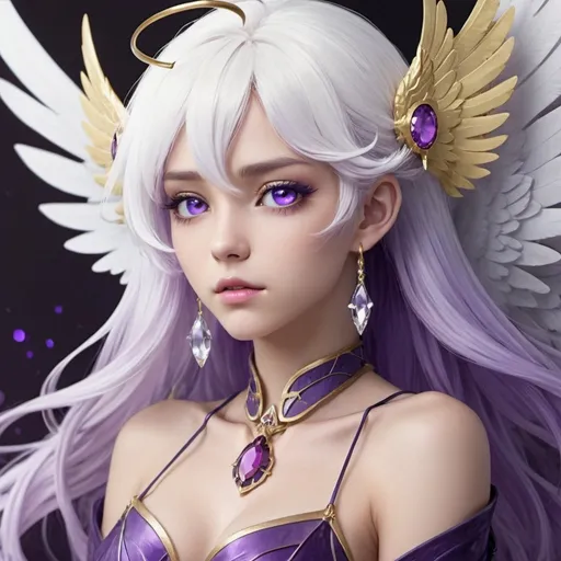 Prompt: a fantasy illustrated female anime character with white & purple hair, deep purple eyes, crystal-like wings, and a gold ear piece with a violet gem on it