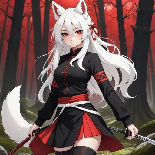 Prompt: an anime illustrated female character, with white kitsune ears with red ear tufts in the ears, wearing a black and red shirt with long sleeves that drop down at the end of the sleeves and wearing black leggings and a black and red skirt, and holding a katana with red symbols on it, with white curly long hair with red highlights in a pony tail and red eyes, in a fantasy forest
