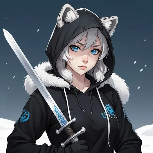 Prompt: a female anime illustrated character with deep blue eyes, snow leopard ears and tail, with a black hoodie, holding a sword