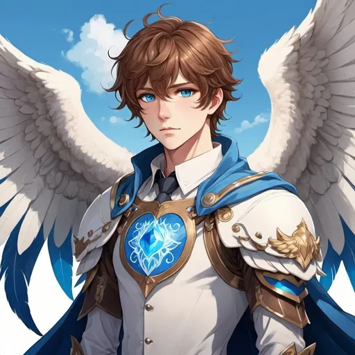 Prompt: a fantasy illustrated male anime character with brown hair and blue eyes, with white & blue themed wings and griffin tail