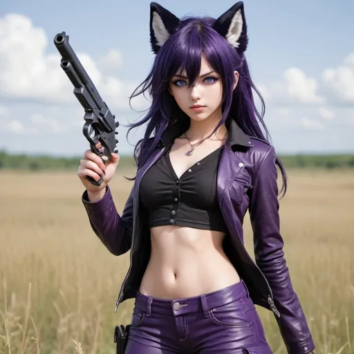 Prompt: a female anime & fantasy illustrated character with blue eyes, deep purple hair to the point it almost looks black, with purple fox ears, wearing black leather clothes, in a field with a pistol in a pocket on her pants