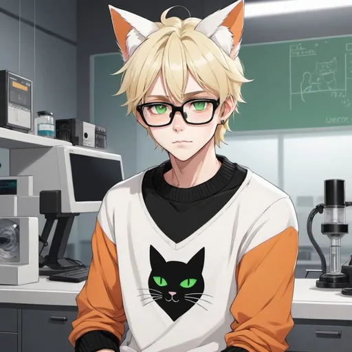 Prompt: an anime illustrated male character with blonde and white hair, green eyes, and blonde cat ears, wearing a black and white sweater, orange pants, black & white glasses, and earrings on the cat ears, in an laboratory