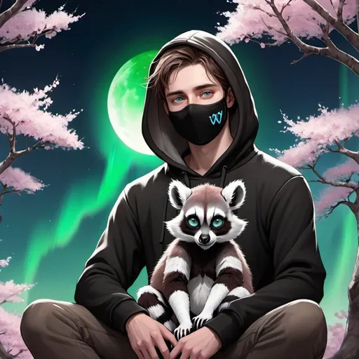 Prompt: a fantasy illustrated male character with brown hair, and blue eyes, wearing a black hoodie saying Alan Walker on it, with a black mask, sitting under a Sakura tree with a black and white ring-tailed lemur companion laying down next to him, with it being night with green & blue northern lights