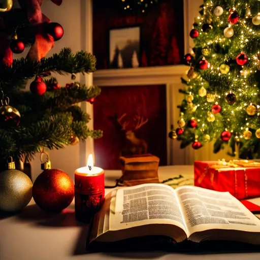 Prompt: christmas  tree, candle and bible on the table