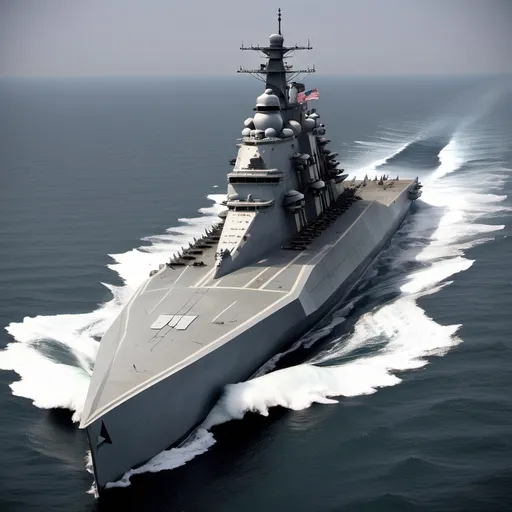 Prompt: A hybrid between a Ohio class battleship and a zumwalt destroyer combining the absolute best of both ships