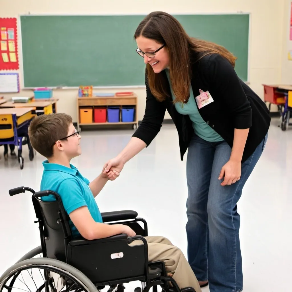 Prompt: teacher,  wheelchair student, love, kind teachers, happniess