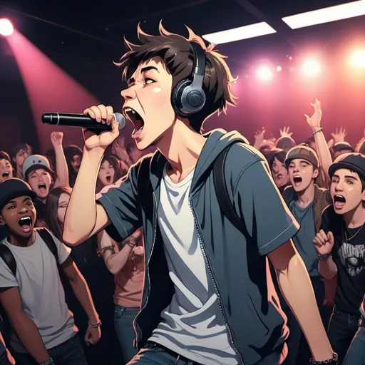 Prompt: teen boy screaming music in the club, stage, hip hop club, audience, urban style, anime style