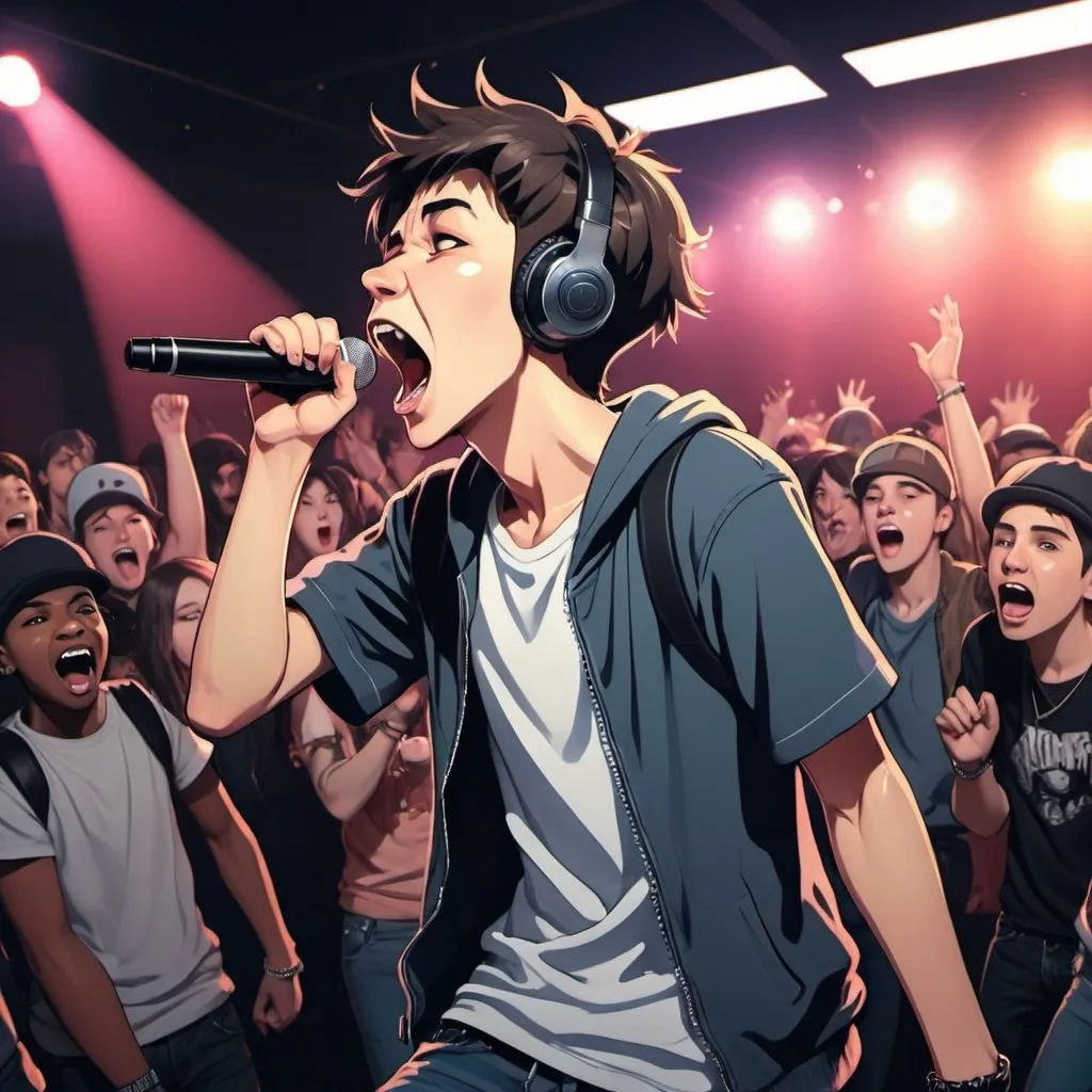 Prompt: teen boy screaming music in the club, stage, hip hop club, audience, urban style, anime style