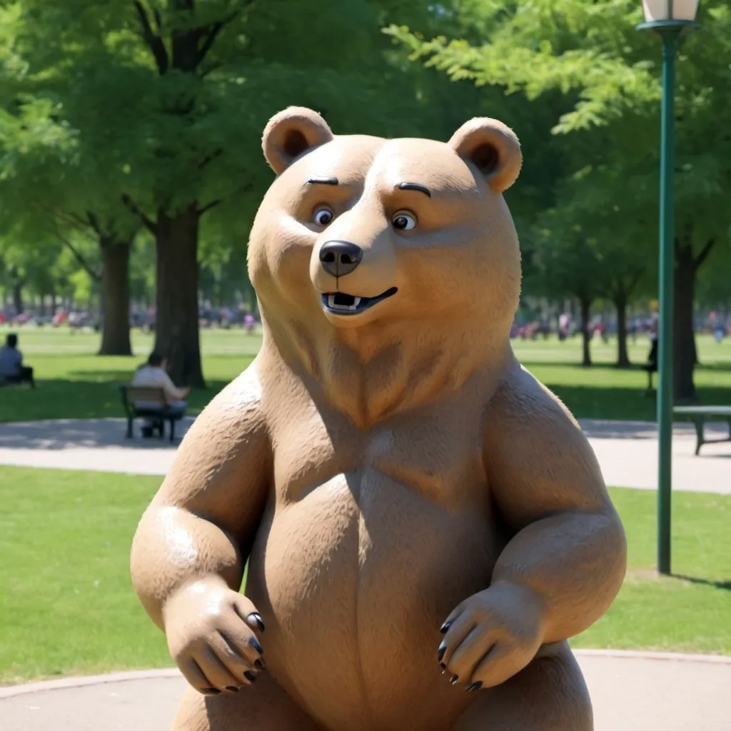 Prompt: Friendly animated bear in a park viewed at with a medium-range zoom.