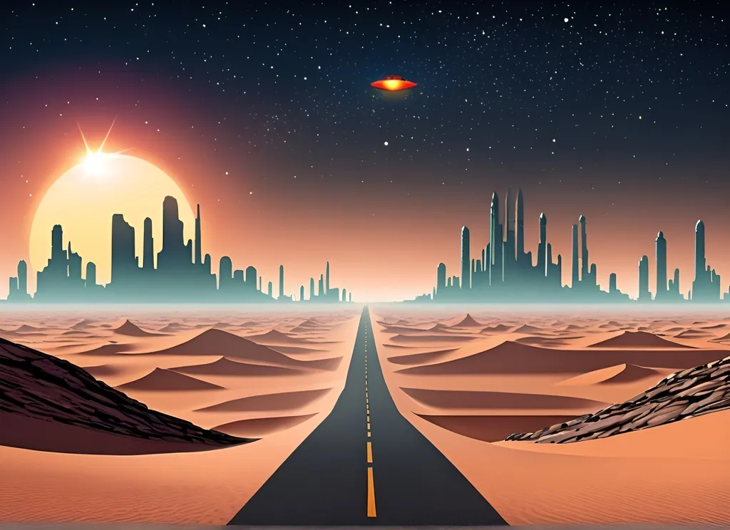 Prompt: Alien desert landscape with 2 hot stars overhead. A city in the distance and a road leading to it