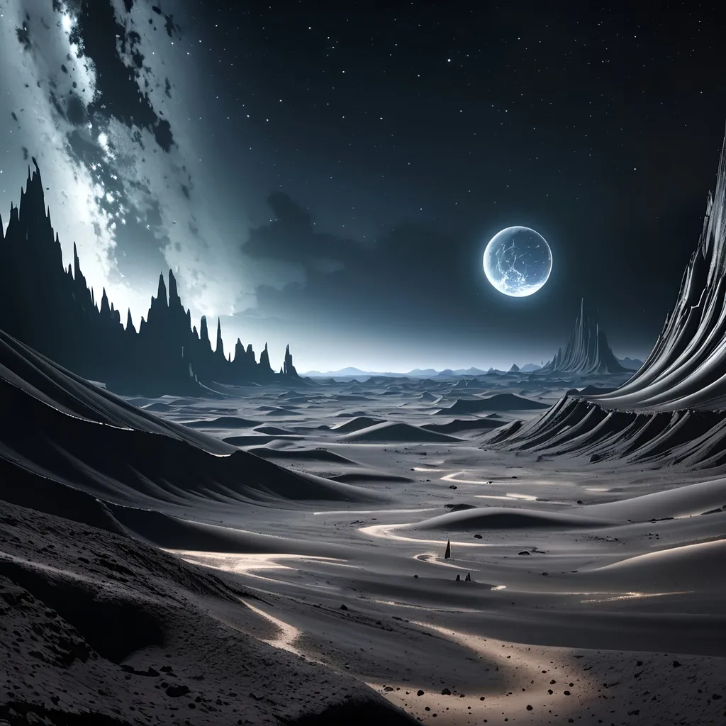 Prompt: Alien landscape, (surreal scenery) under a mesmerizing sky lit by 2 stars, remote and untouched terrain with no life, stark contrasts of light and dark areas, (ultra-detailed, high-definition) creating an impression of vastness and exploration.