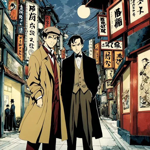 Prompt: aoyama gosho art, sherlock holmes and kazuha on osaka
