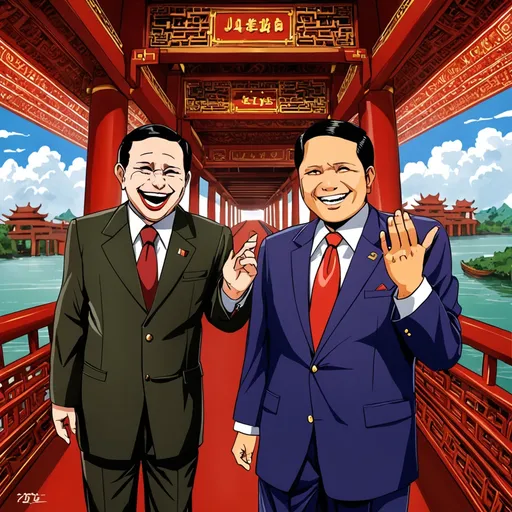 Prompt: anime, prabowo, in the chinese brigde, detailed, beside him, joker laugh